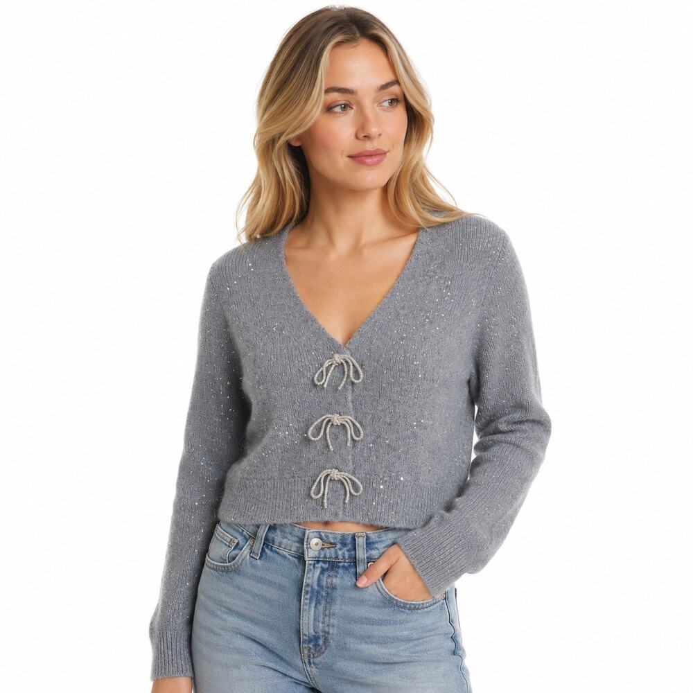 Maeve Anthropologie Sequin Cropped Cardigan Sweater Rhinestone Bow Closures Sz S